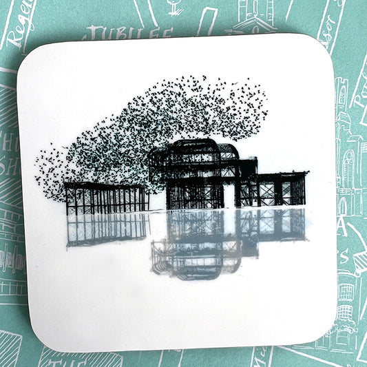 starlings over the West pier, Brighton  design printed on to a coaster 