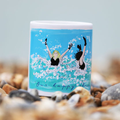 Cold water swimmer design jumping the waves printed on to a ceramic mug. perfect gift 